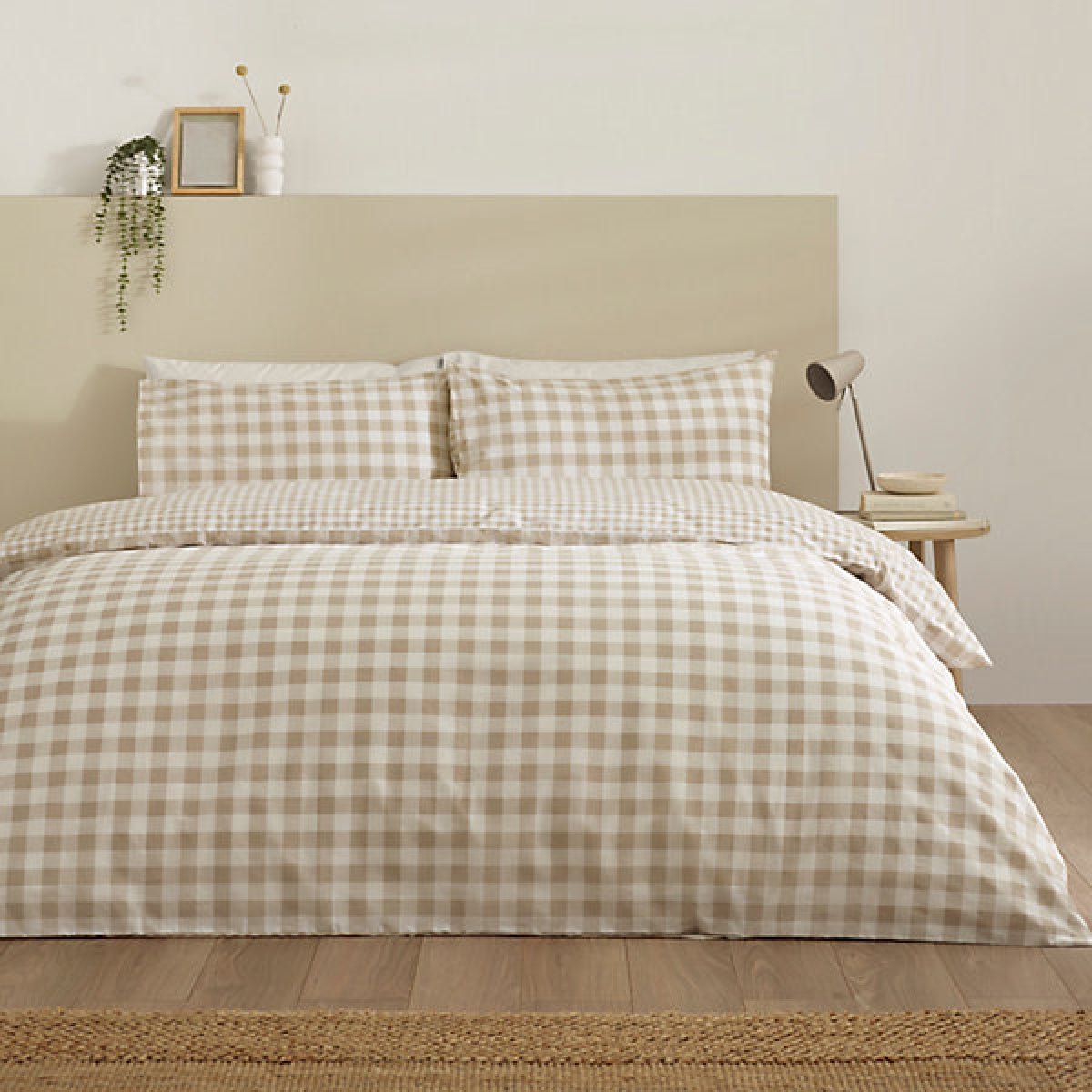 Catherine Lansfield Bamford Gingham Check Reversible King Duvet Cover Set with Pillowcases Natural - DUVET COVERS - Beattys of Loughrea