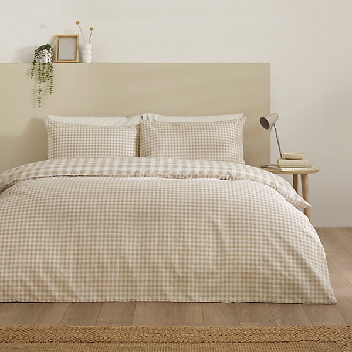 Catherine Lansfield Bamford Gingham Check Reversible Super King Duvet Cover Set with Pillowcases Natural