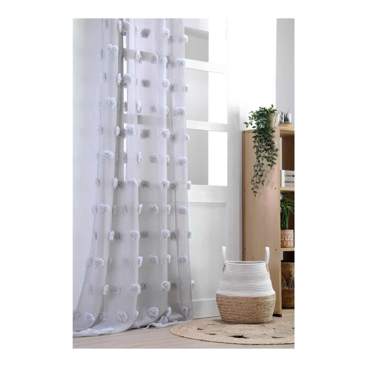 STOF Pompinou Pompom Voile Panel, Pearl White, 135x260cm - CURTAINS - READY MADE - Beattys of Loughrea
