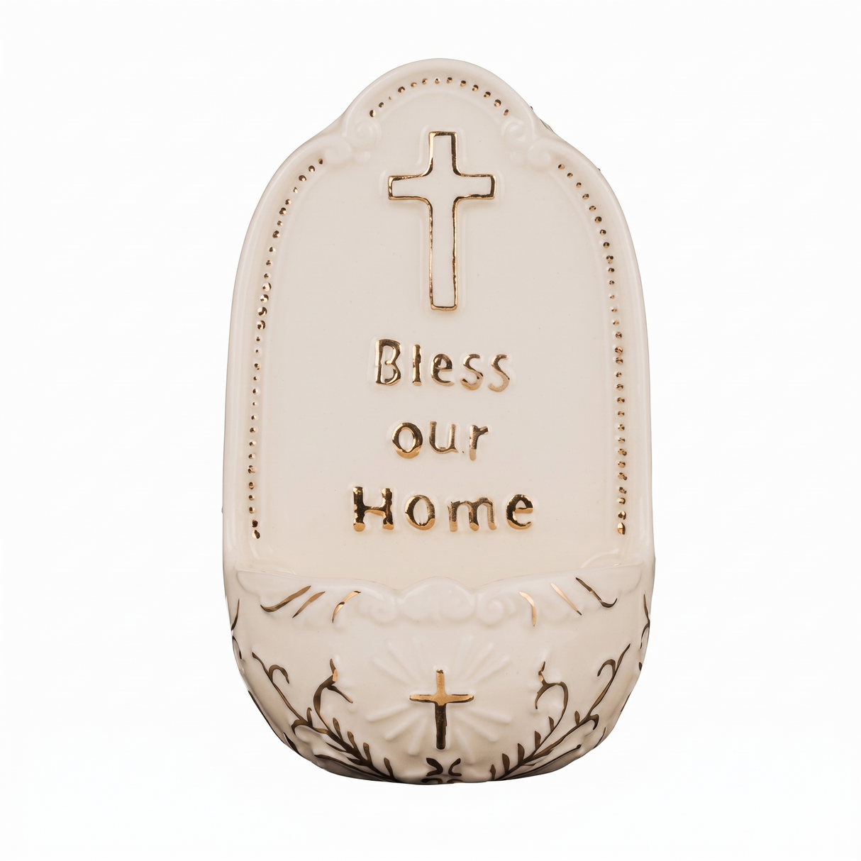 Porcelain Holy Water Font Bless Our Home Cross 6.25 Inch