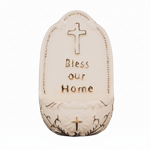 Porcelain Holy Water Font Bless Our Home Cross 6.25 Inch