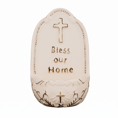 Porcelain Holy Water Font Bless Our Home Cross 6.25 Inch - ORNAMENTS - Beattys of Loughrea