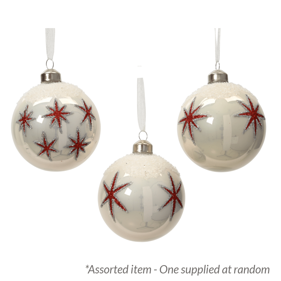 Decoris 8cm Glass Bauble, Shiny White & Red - Assorted - One Supplied* - XMAS BAUBLES - Beattys of Loughrea