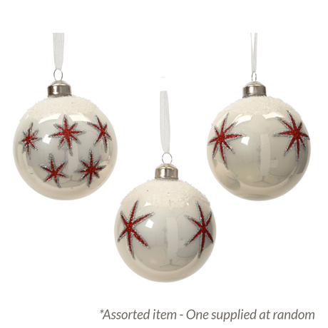 Decoris 8cm Glass Bauble, Shiny White & Red - Assorted - One Supplied* - XMAS BAUBLES - Beattys of Loughrea