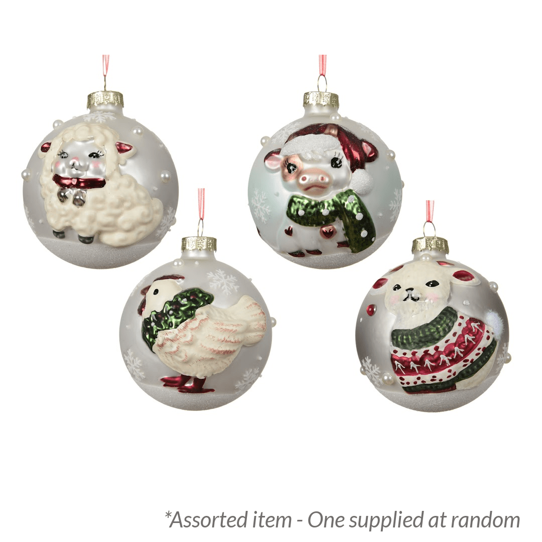 Decoris 8cm Glass Bauble, Frosted Base, Farm Animal Design - Assorted - One Supplied* - XMAS BAUBLES - Beattys of Loughrea