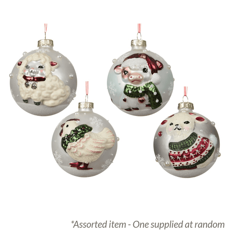 Decoris 8cm Glass Bauble, Frosted Base, Farm Animal Design - Assorted - One Supplied* - XMAS BAUBLES - Beattys of Loughrea