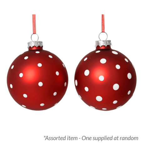Decoris 8cm Glass Bauble with Bow, Red with White Dots - Assorted - One Supplied* - XMAS BAUBLES - Beattys of Loughrea