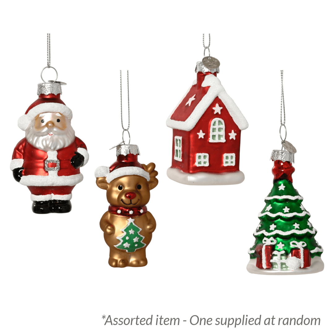 Decoris 5x9cm Matt Glass Tree Decoration, Cute Design - Assorted - One Supplied* - XMAS BAUBLES - Beattys of Loughrea