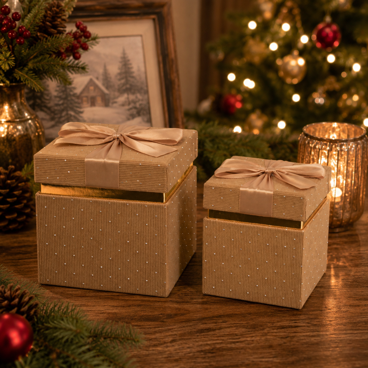 Lot de 2 boîtes cadeaux décoratives en velours côtelé avec nœud
