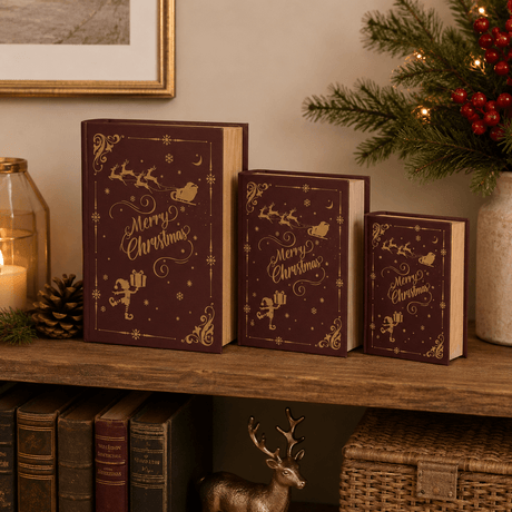 Set Of 3 Book Storage Boxes Oxblood With Gold Foil - XMAS ACCESSORIES - Beattys of Loughrea