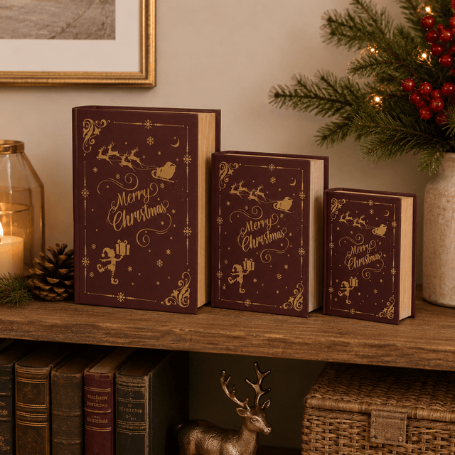 Set Of 3 Book Storage Boxes Oxblood With Gold Foil - XMAS ACCESSORIES - Beattys of Loughrea