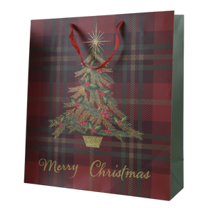Große Weihnachtsgeschenktasche Karomuster mit Glitzerbaum