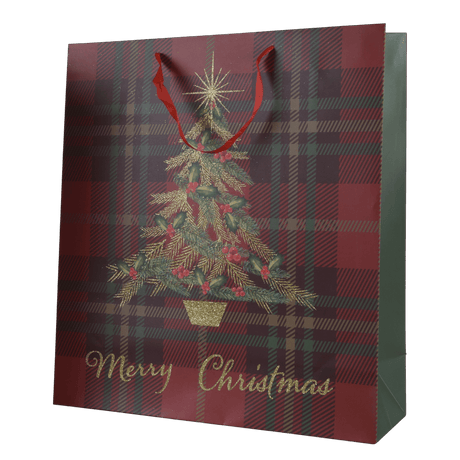 Large Christmas Gift Bag Tartan With Glitter Tree - XMAS ACCESSORIES - Beattys of Loughrea