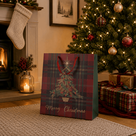 Large Christmas Gift Bag Tartan With Glitter Tree - XMAS ACCESSORIES - Beattys of Loughrea