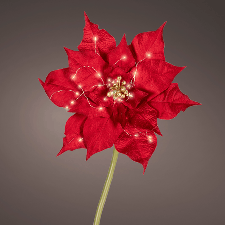 LED Velvet Poinsettia Stem Red 40cm - XMAS BRANCHES/ TABLE DISPLAYS - Beattys of Loughrea