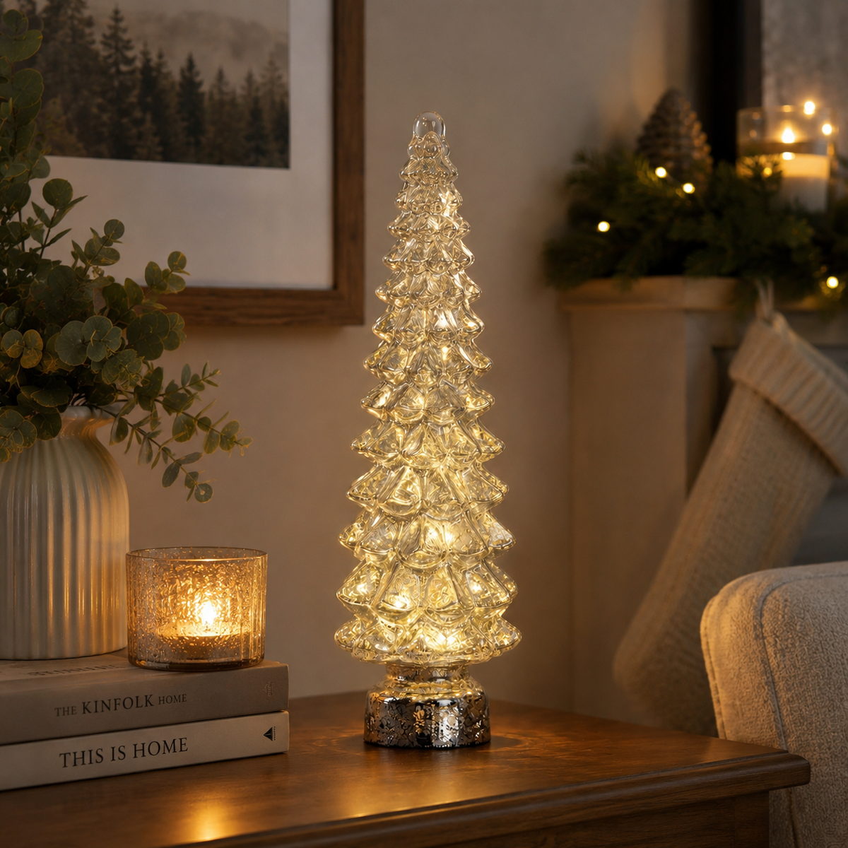 Sapin de Noël en verre à LED argenté 55 cm