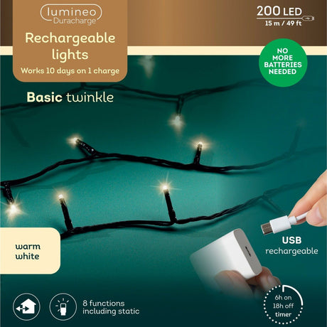 200 LED Duracharge Warm White String Lights 15m - XMAS BATTERY OPERATED LIGHTS - Beattys of Loughrea