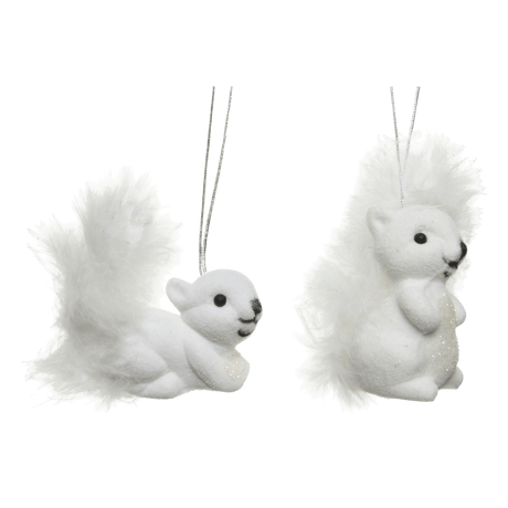 Pair Of Flocked Squirrel Hanging Decorations With Feather Tail - XMAS HANGING DECOS - Beattys of Loughrea