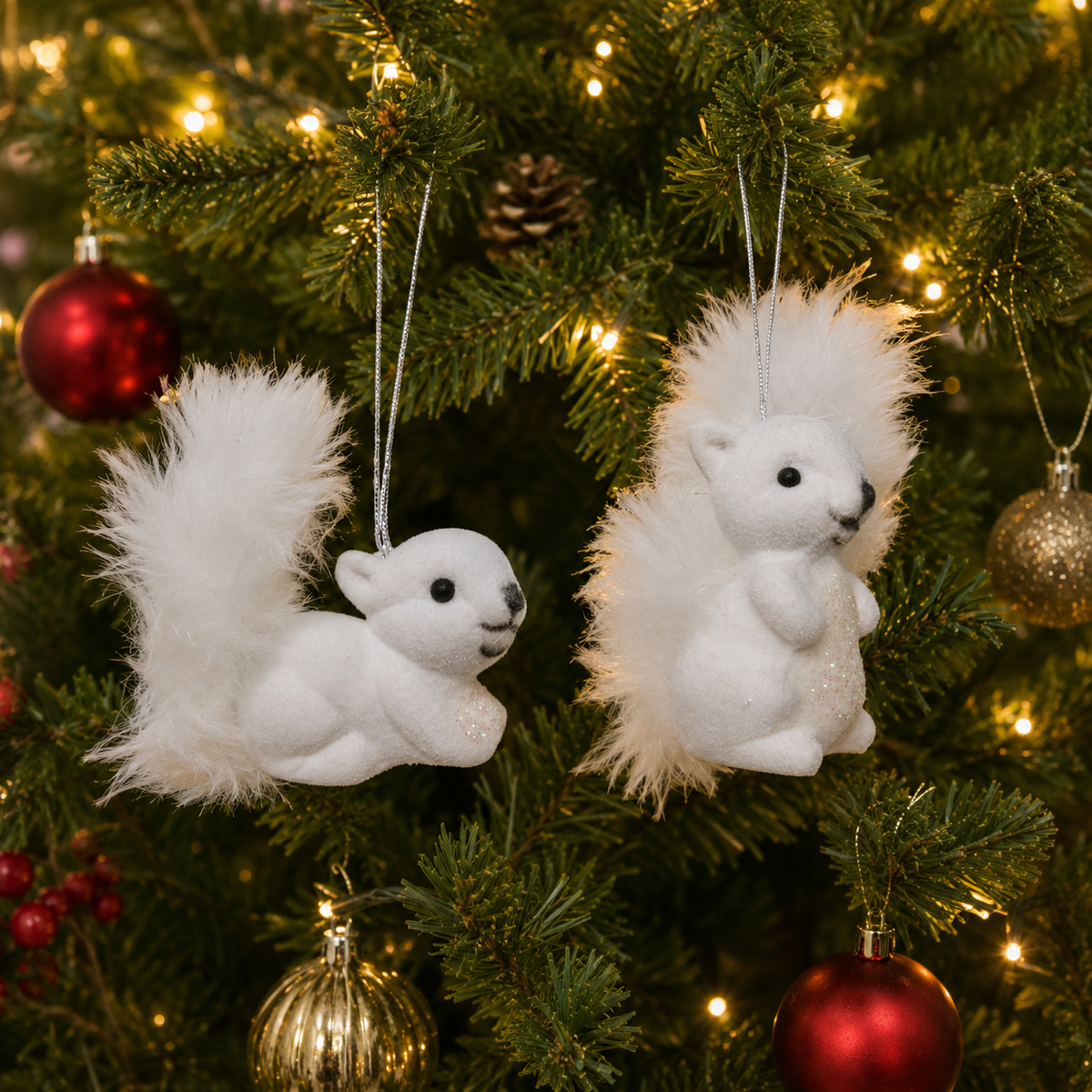Pair Of Flocked Squirrel Hanging Decorations With Feather Tail