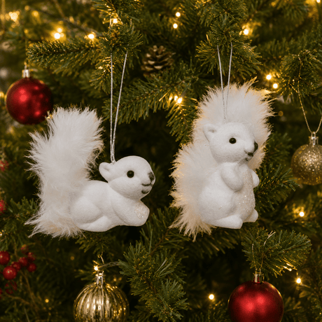 Pair Of Flocked Squirrel Hanging Decorations With Feather Tail - XMAS HANGING DECOS - Beattys of Loughrea