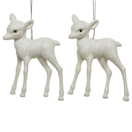 Pair Of Glitter Deer Hanging Decorations White 9cm - XMAS HANGING DECOS - Beattys of Loughrea