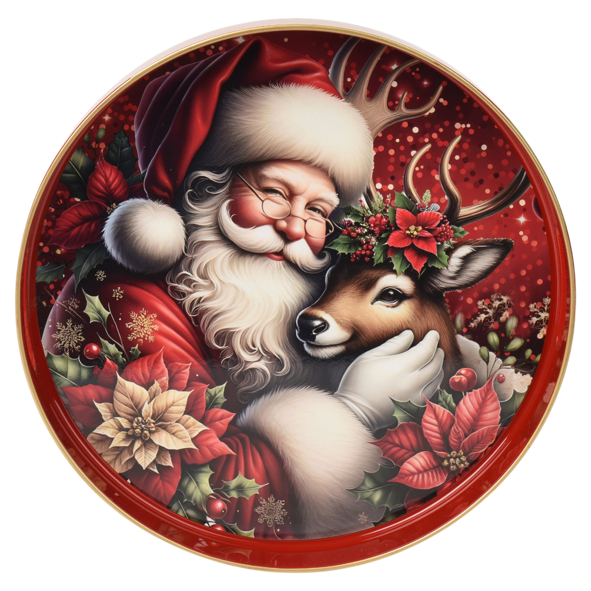 Rundes Serviertablett Santa mit Goldrand 33cm