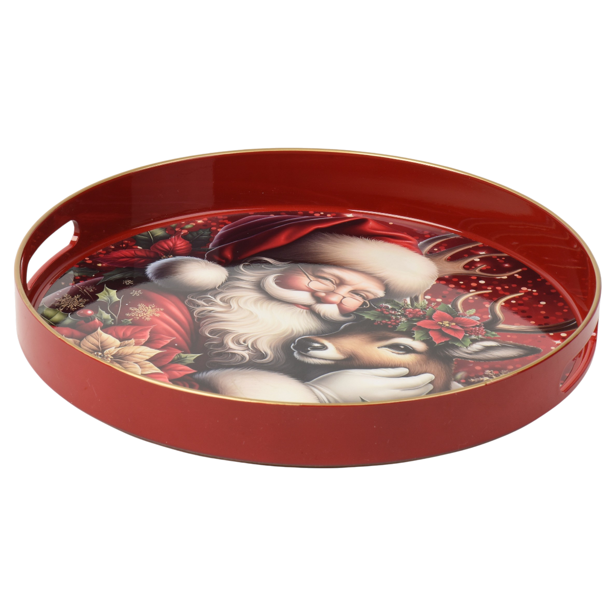 Rundes Serviertablett Santa mit Goldrand 33cm