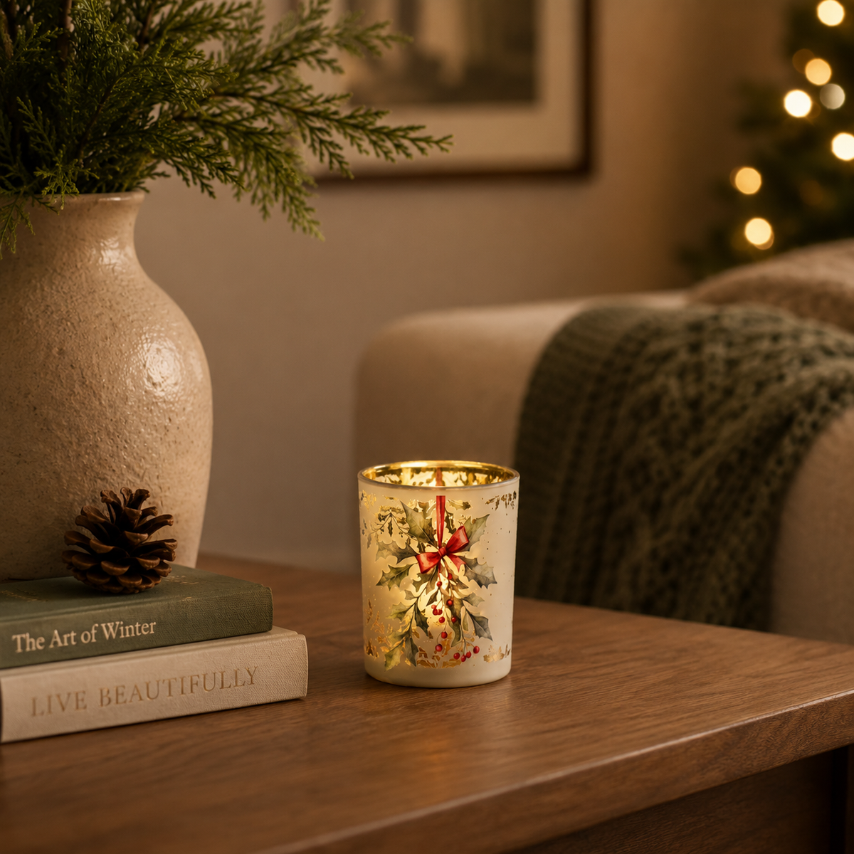 Holly Berry Glass Tealight Holder 12.5cm