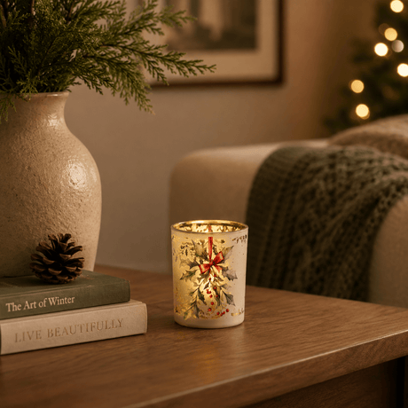 Holly Berry Glass Tealight Holder 12.5cm - CANDLE HOLDERS / Lanterns - Beattys of Loughrea