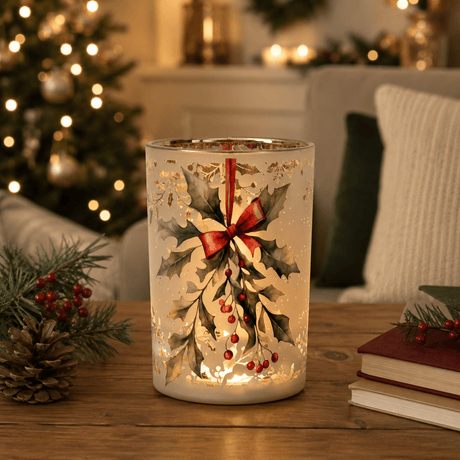 Holly Berry Glass Hurricane Candle Holder 18cm - CANDLE HOLDERS / Lanterns - Beattys of Loughrea