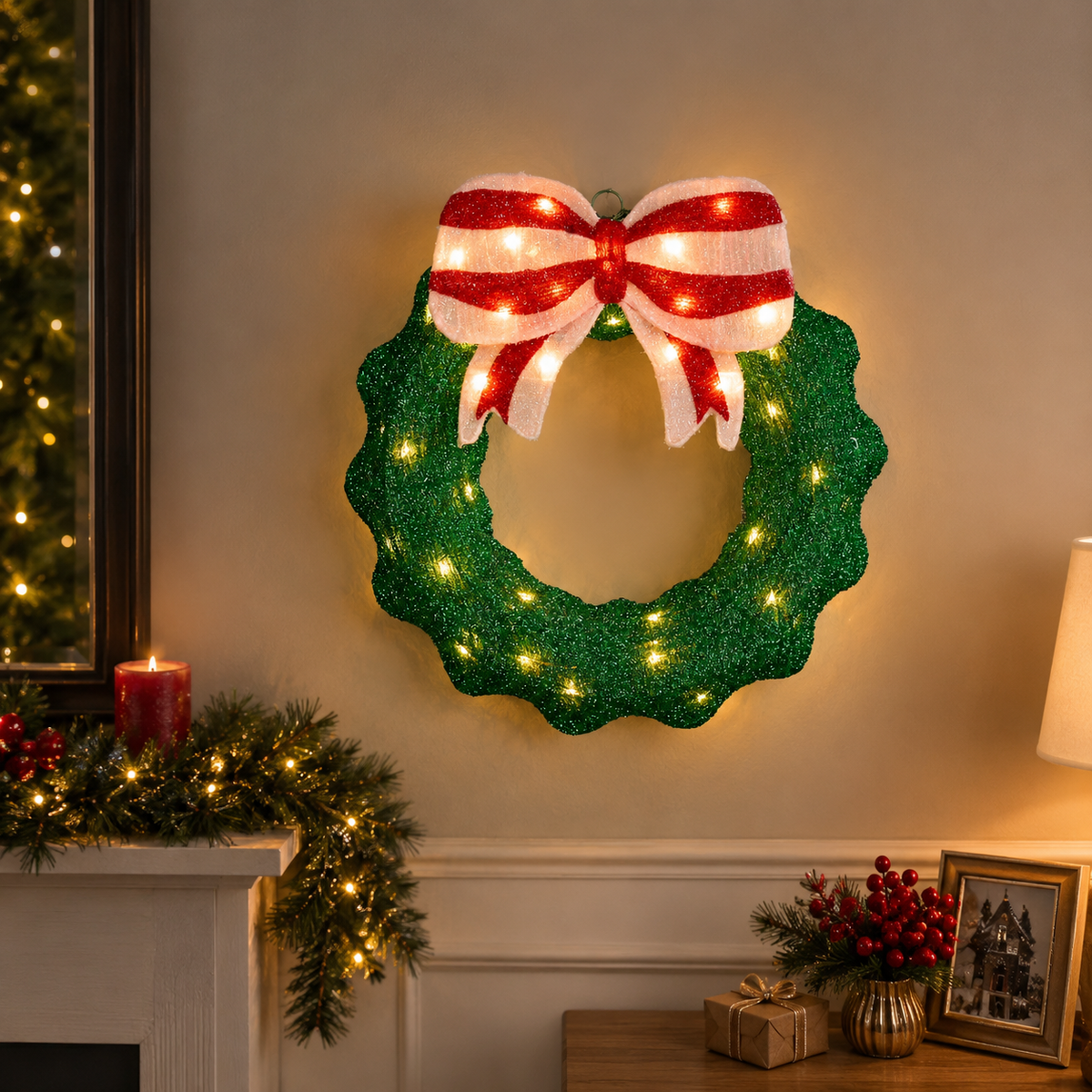 LED Christmas Wreath with Bow Battery Operated 41cm