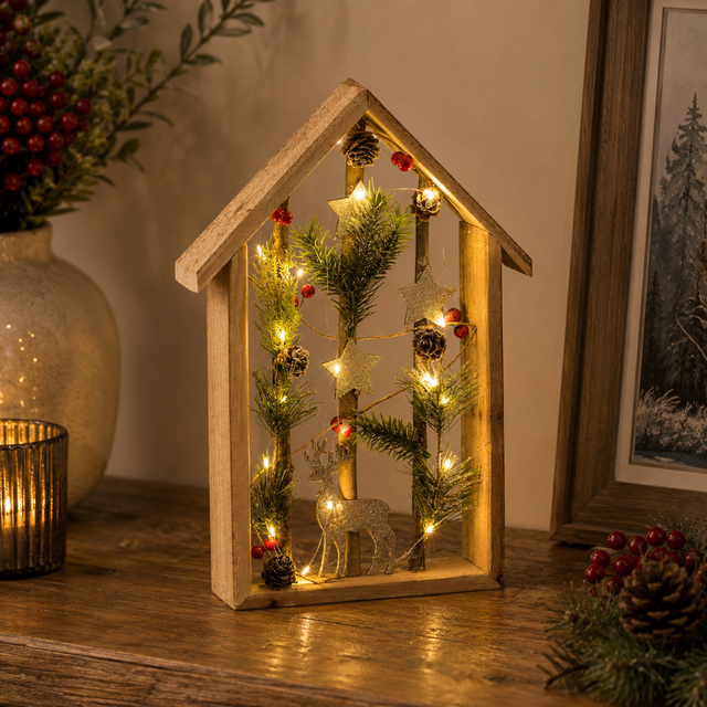 LED Wooden House Decoration Battery Operated 36cm