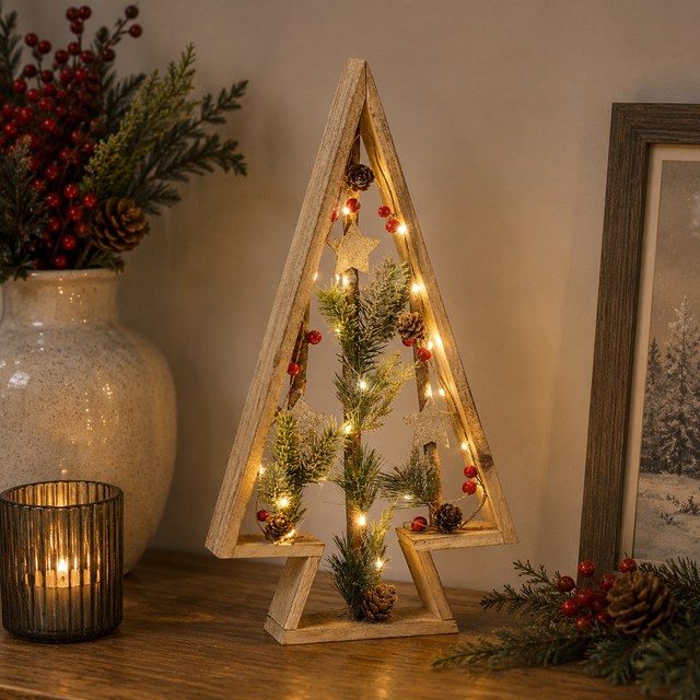 LED Wooden Christmas Tree Decoration Battery Operated 48cm