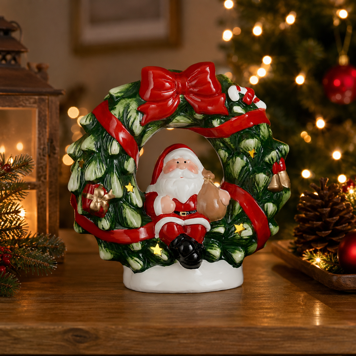 LED Santa in Wreath Decoration Battery Operated 23.5cm