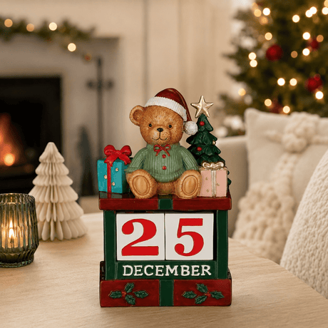 Christmas Bear Wooden Block Calendar 16.5cm - XMAS CERAMIC WOOD RESIN GLASS ORNAMENTS - Beattys of Loughrea