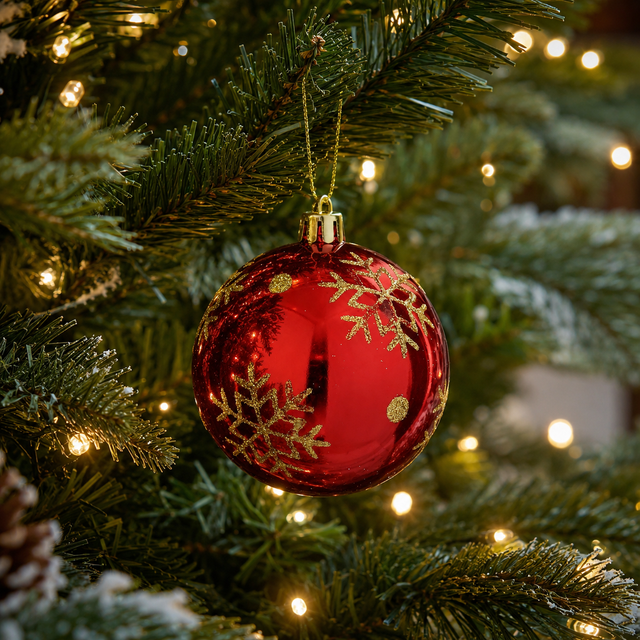 Shiny Red Christmas Bauble with Gold Snowflake Design 8cm