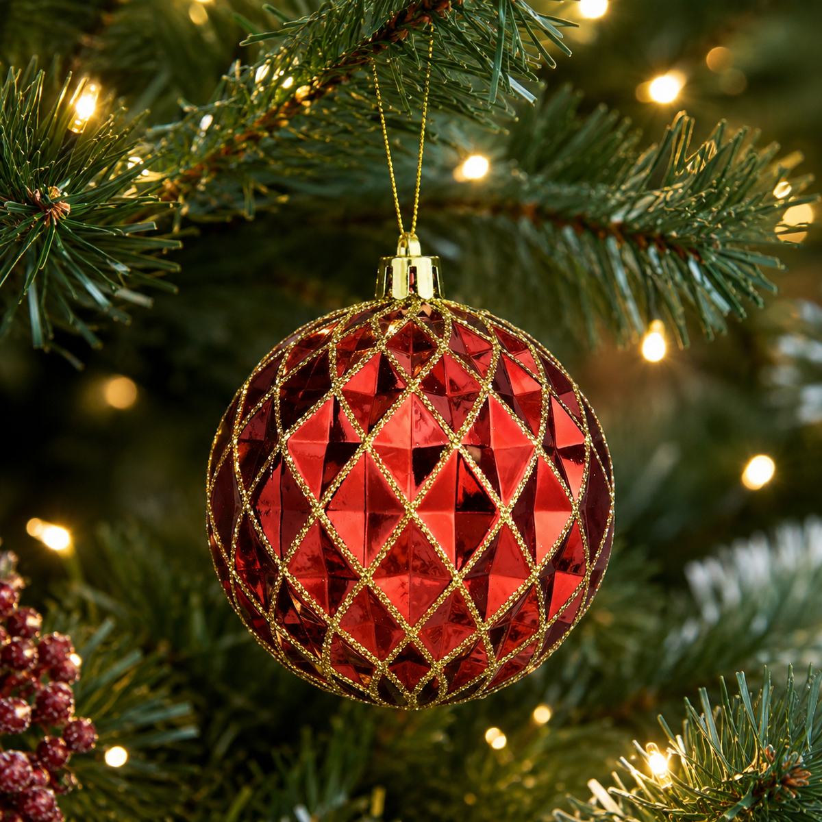 Faceted Shiny Red Christmas Bauble with Gold Glitter Lattice Design 8cm