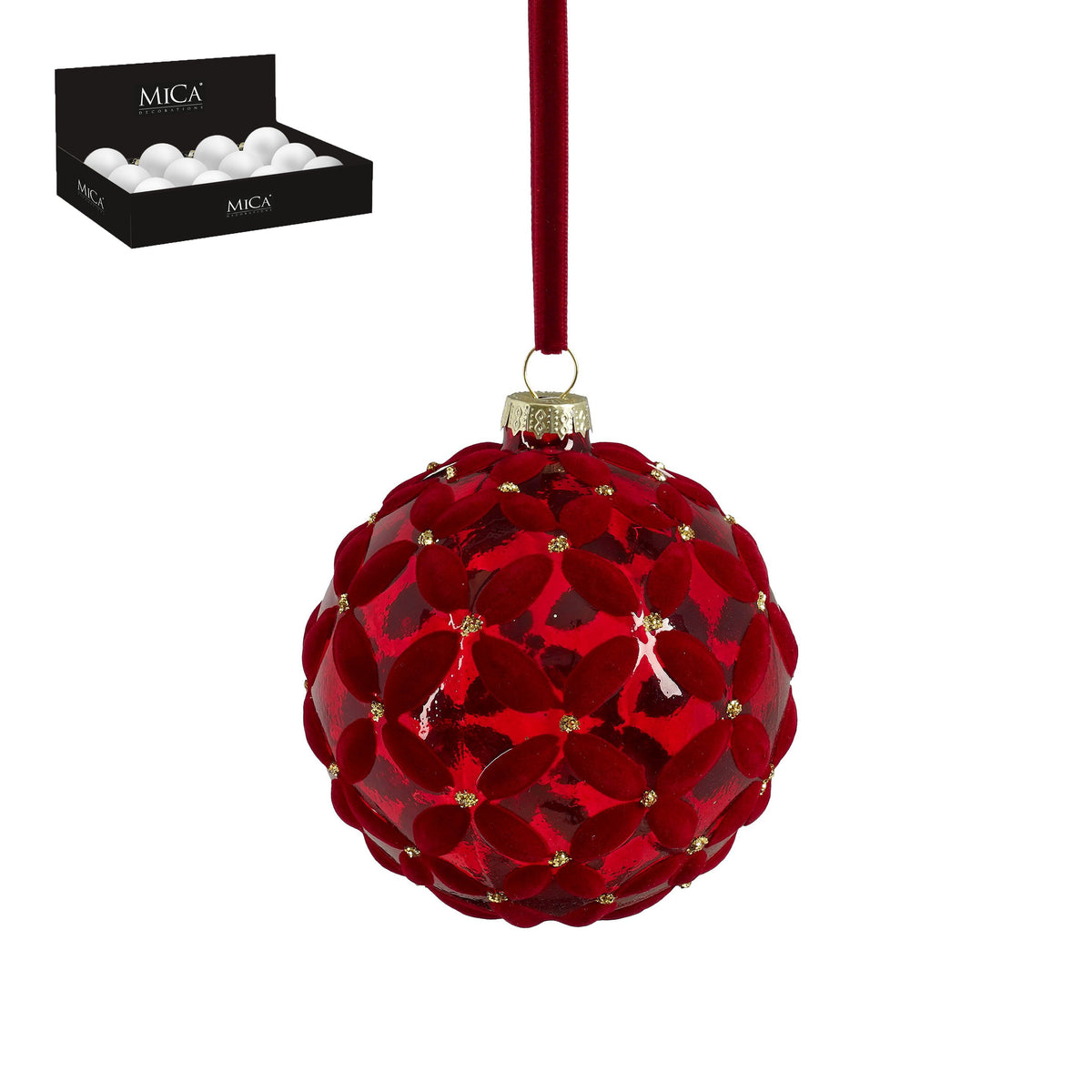 Red Glass Bauble with Velvet Flower Design 10cm