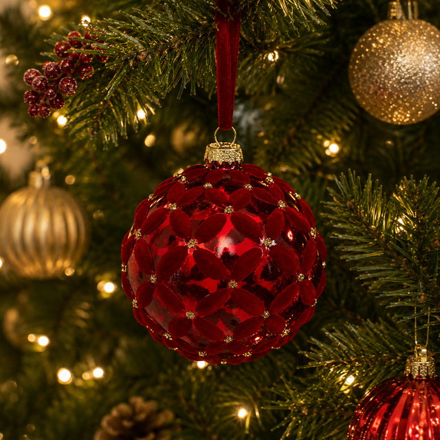Red Glass Bauble with Velvet Flower Design 10cm