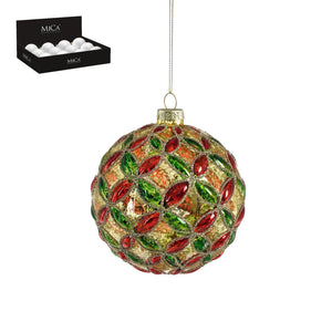 Glass Bauble with Red and Green Jewel Design Gold 10cm