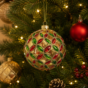 Glass Bauble with Red and Green Jewel Design Gold 10cm
