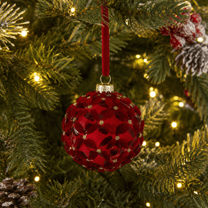 Red Glass Bauble with Velvet Flower Design 8cm