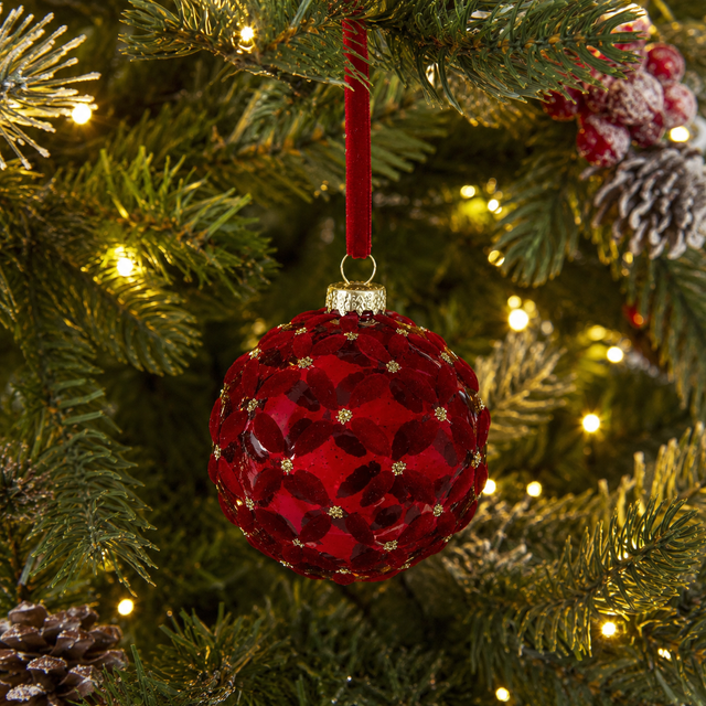 Red Glass Bauble with Velvet Flower Design 8cm