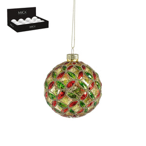 Glass Bauble with Red and Green Jewel Design Gold 8cm