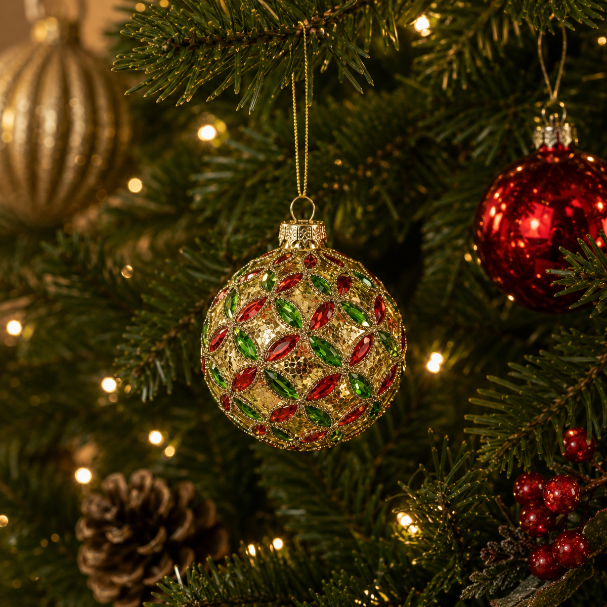 Glass Bauble with Red and Green Jewel Design Gold 8cm