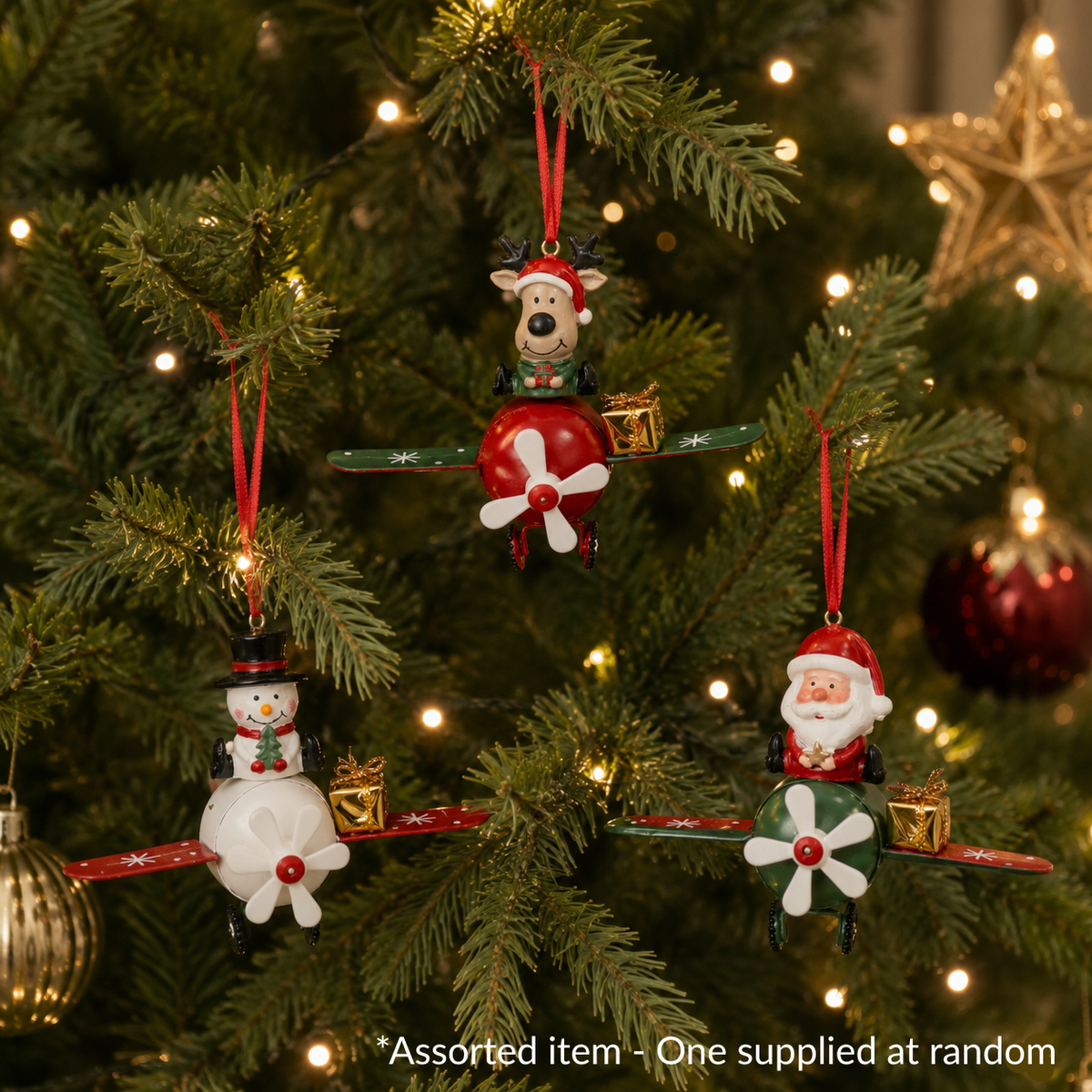 Santa, Snowman & Reindeer in Plane Hanging Decoration Assorted – One Supplied*