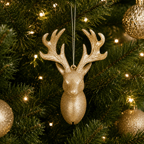 Glitter Stag Head Hanging Christmas Decoration 14cm - XMAS BAUBLES - Beattys of Loughrea