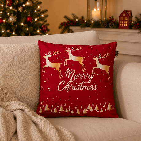 Merry Christmas Reindeer Cushion Red 45 x 45cm - XMAS SOFT DECOS - Beattys of Loughrea