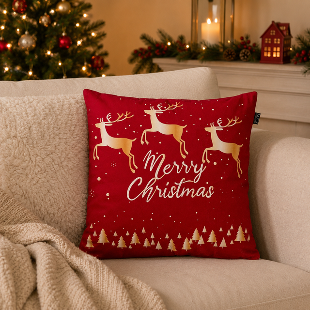 Merry Christmas Reindeer Cushion Red 45 x 45cm