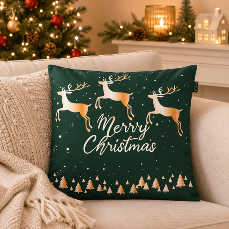Merry Christmas Reindeer Cushion Green 45 x 45cm - XMAS SOFT DECOS - Beattys of Loughrea